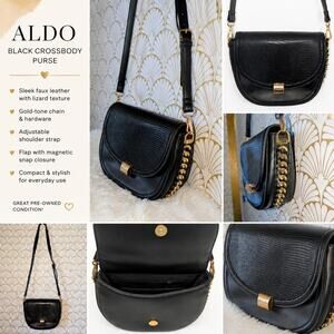 ALDO Black Crossbody Purse Gold Chain Detail Lizard Embossed Bag